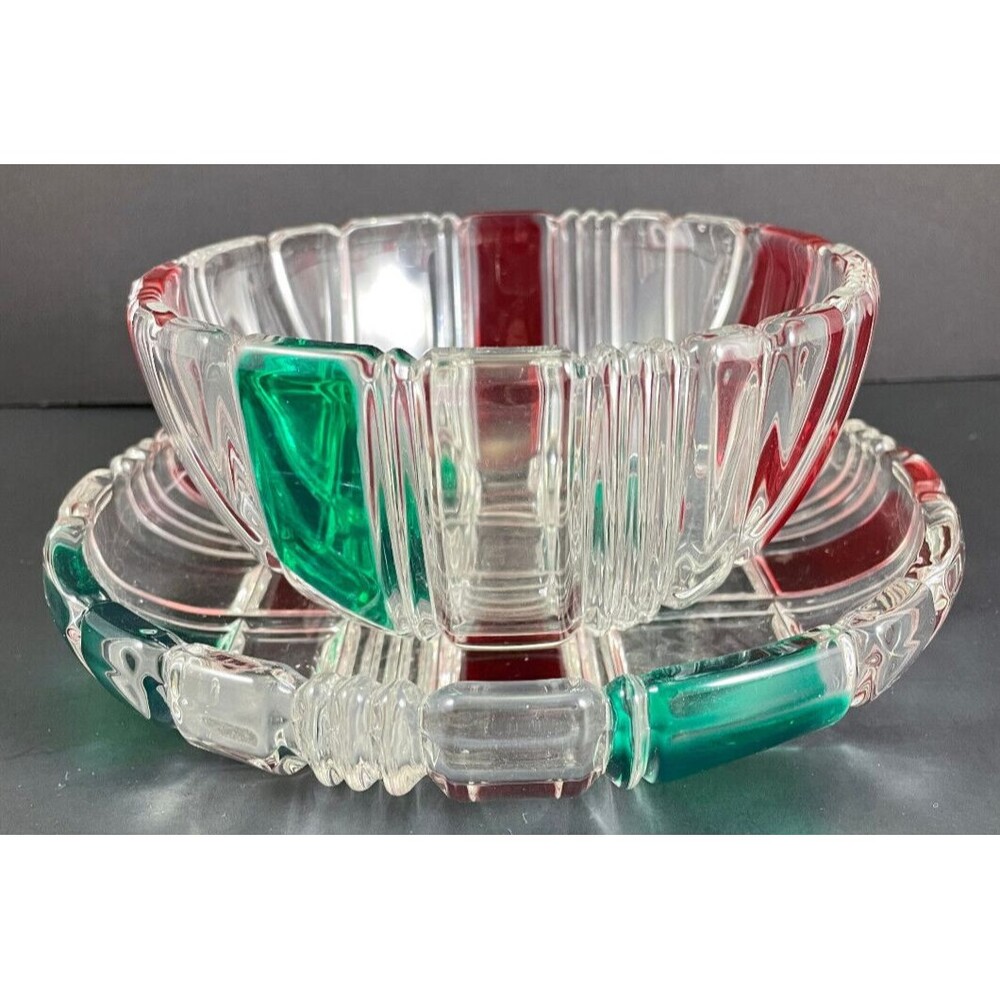 Crystal Holiday Plaid Bowl 5.5” & Dish 7" Christmas Home Beautiful VTG Red Green